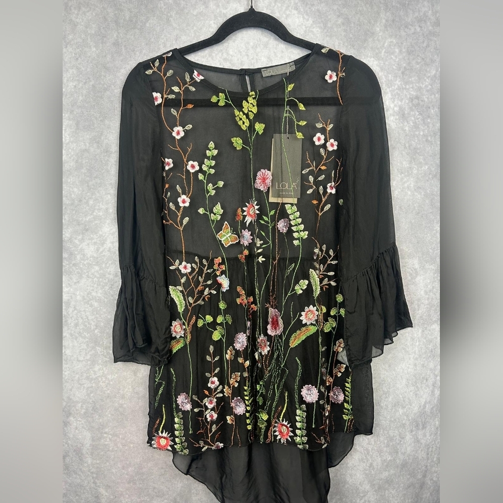 LOLA Floral Embroidered Sheer Boho‎ Tunic Top  Lace  Size S